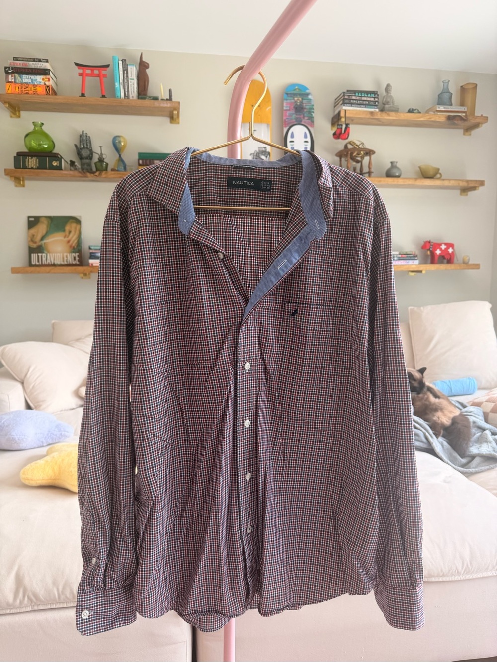 Nautica Burgundy Navy Micro Check Button Down Shirt XL
